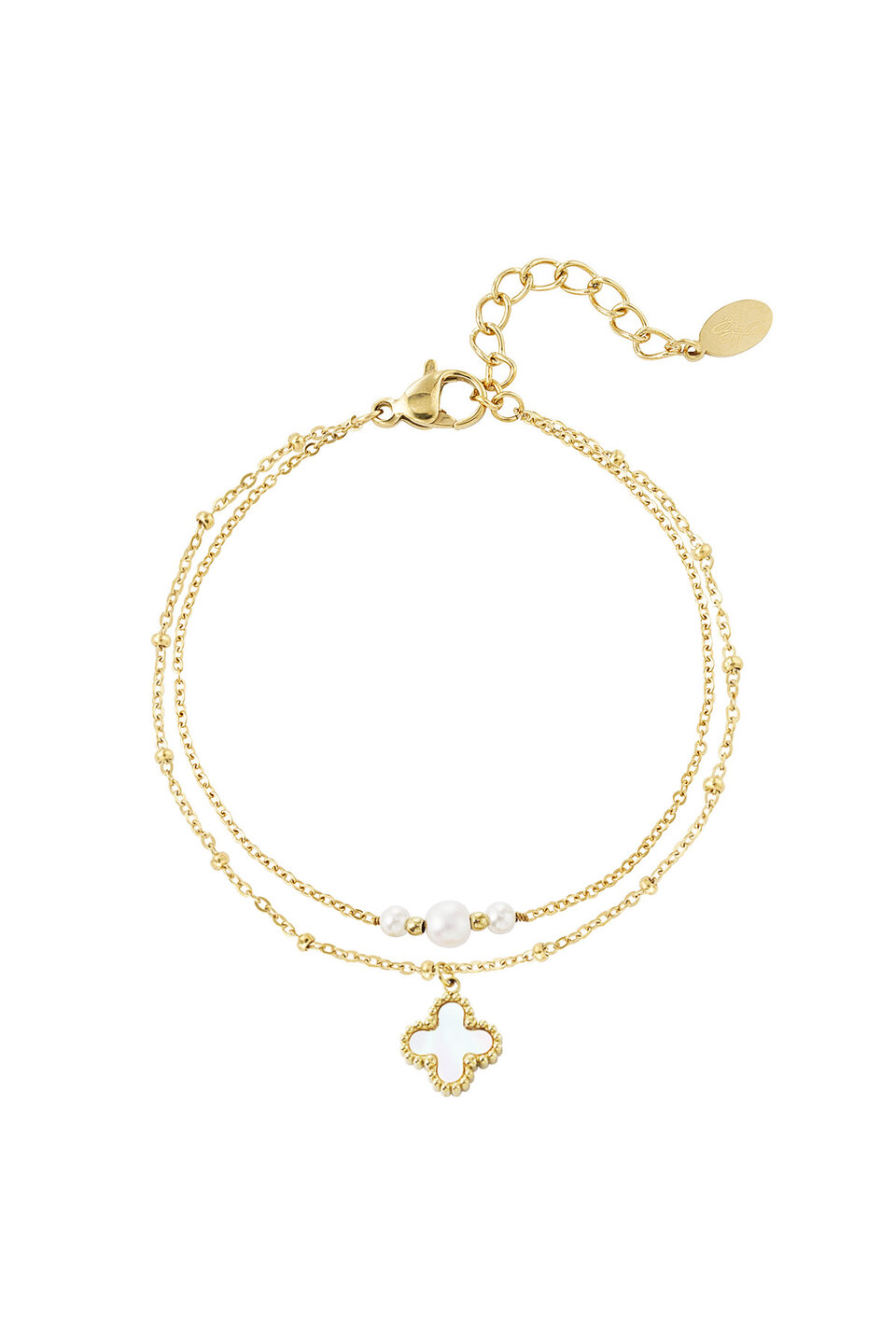 Double Bracelet pearls and clover Gold