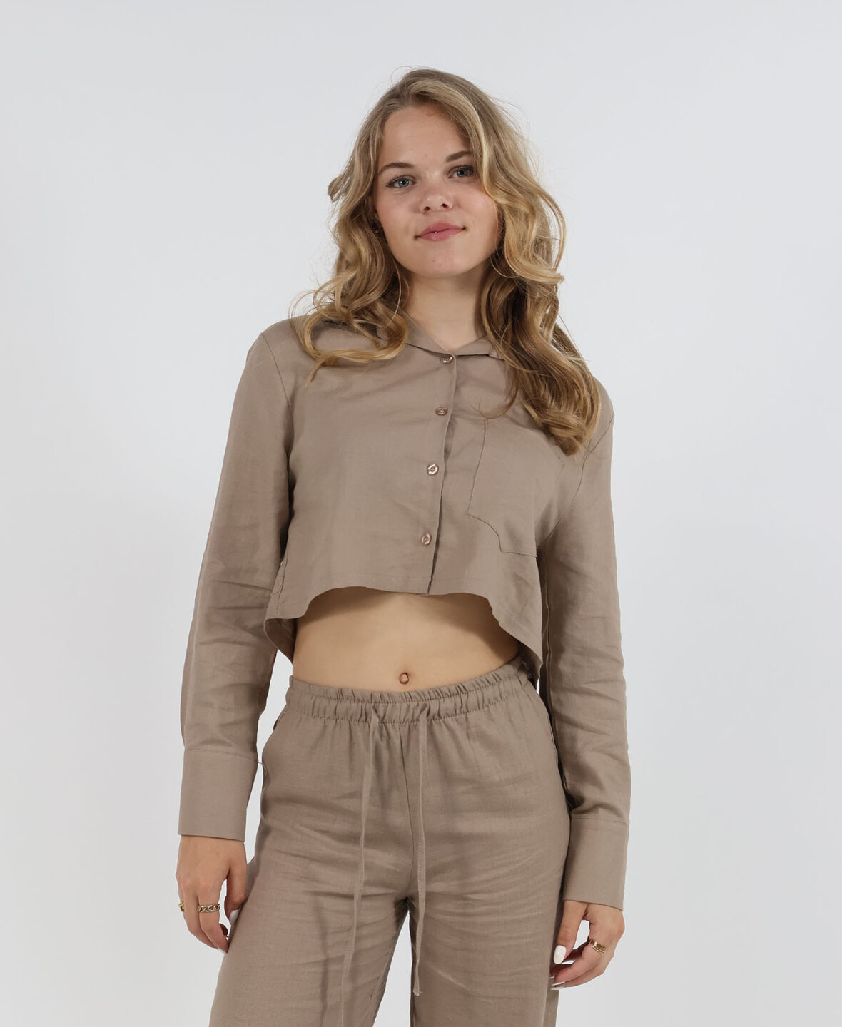 Linnen Cropped Blouse Taupe