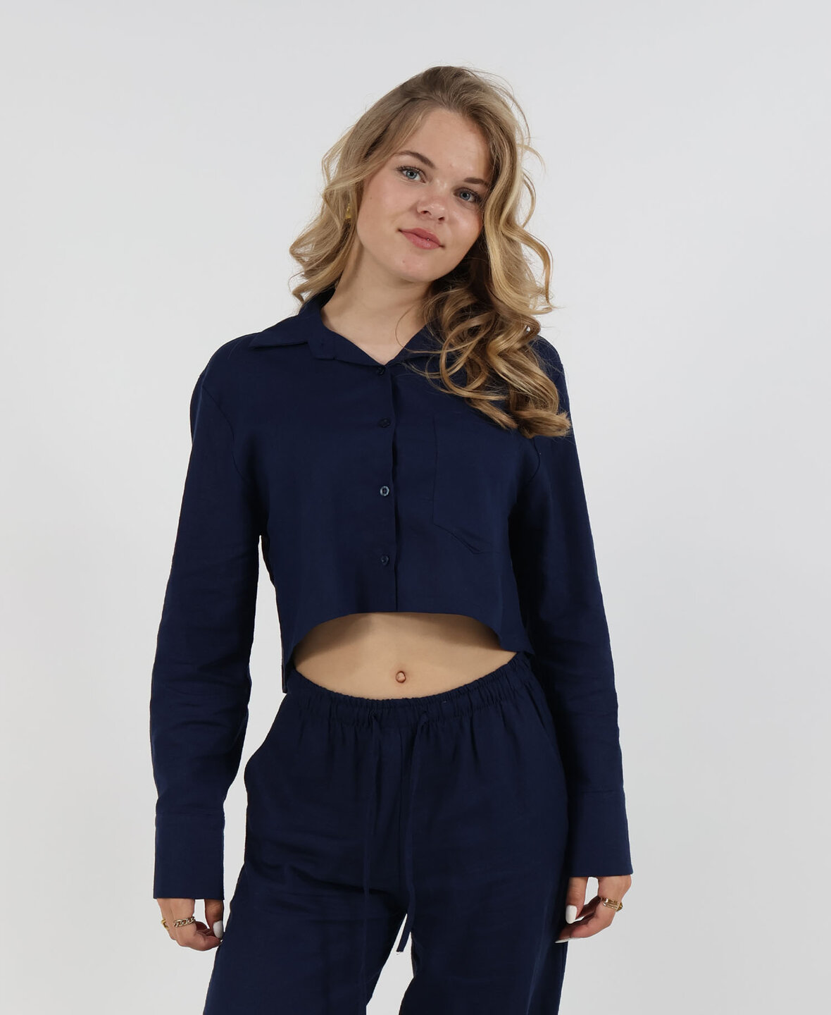 Linnen Cropped Blouse Navy Blue