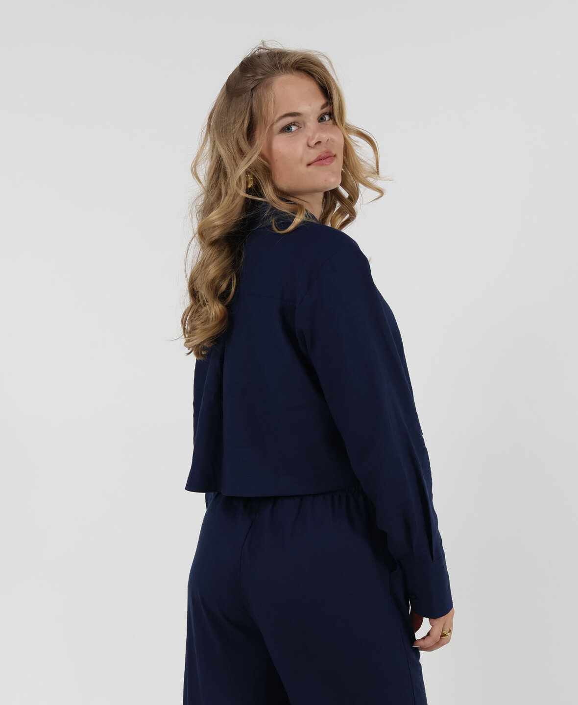 Linnen Cropped Blouse Navy Blue