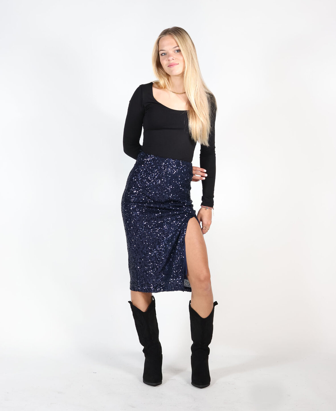 Sequin Split Skirt Navy Blue