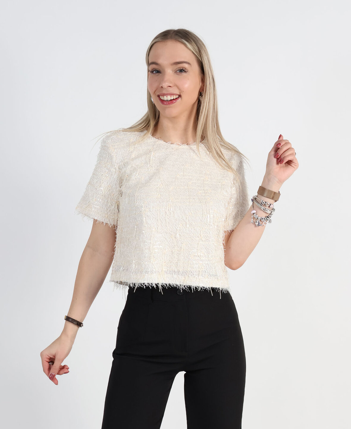 Feather Sequin Top Creme